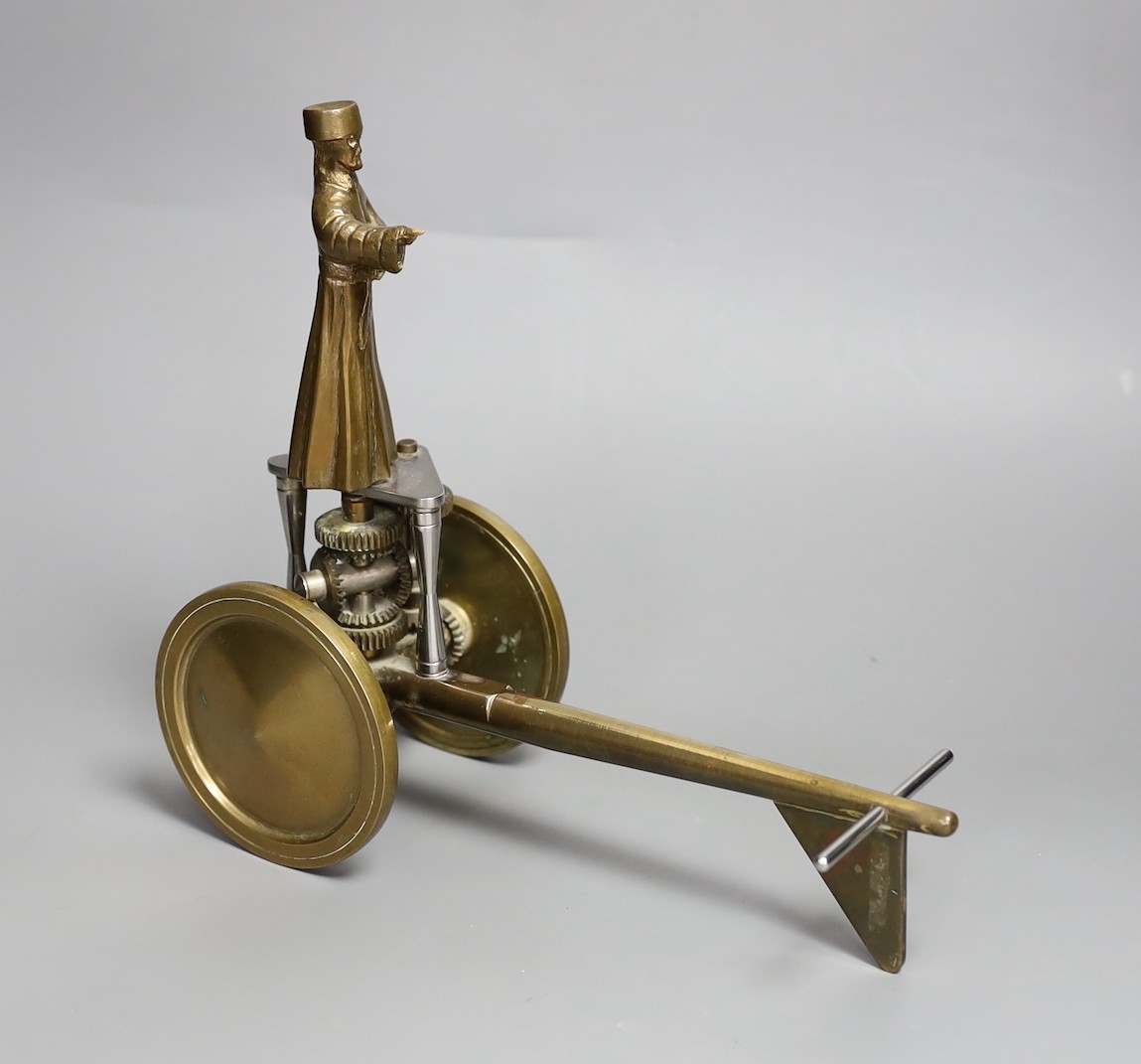 A limited edition bronze and steel two-wheeled cart, fully geared with rotating figural mount, 3/100 dated 1977, length 25cm